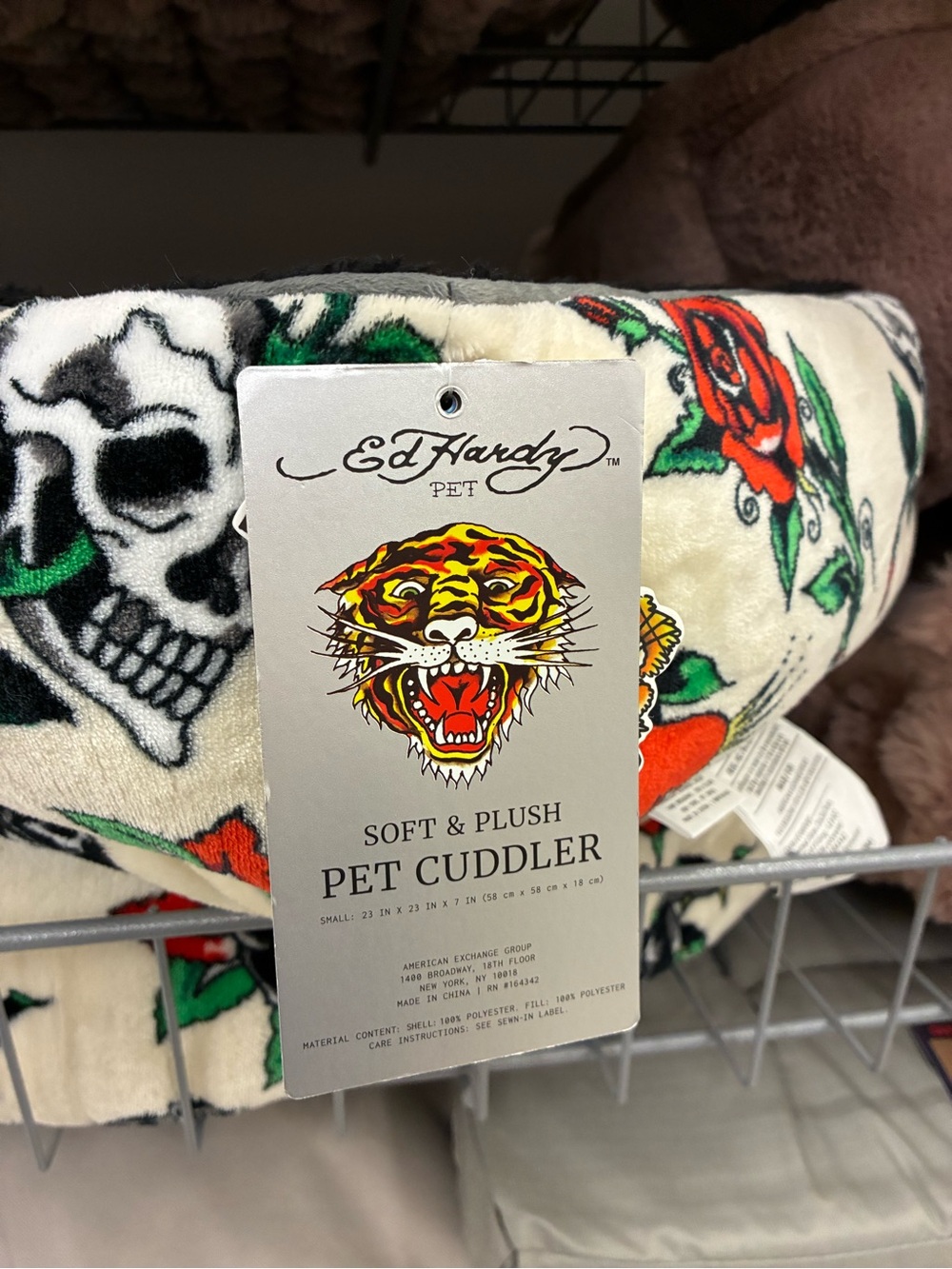 Ed Hardy Plush Pet Cuddler in Cream with Red & Green Tattoo Motif